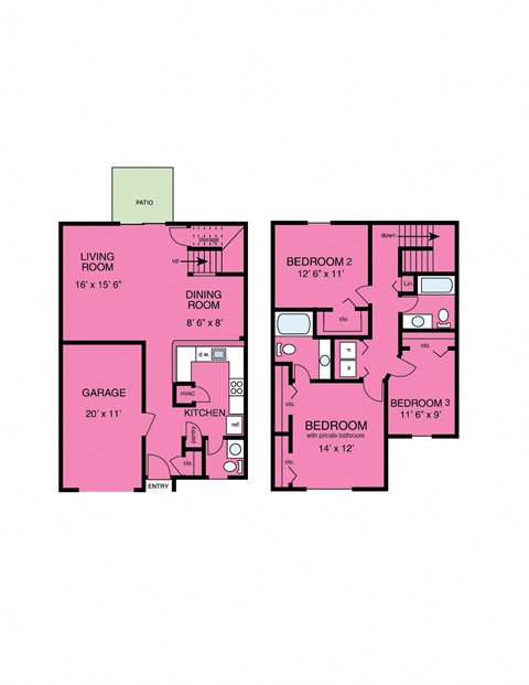 Floor plan for 3 beds, 2.5 baths, 1668 sqft